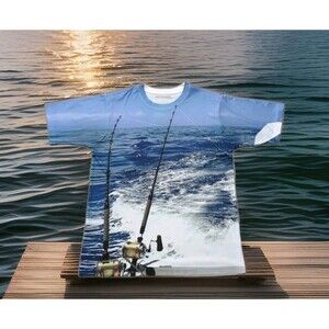 GET A LIFE ALL OVER PRINT FISHING GRAPHIC T SHIRT OUTDOORS MEN'S SIZE L